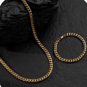 18K Gold Cuban Chain Set 8MM Necklace & 7MM Bracelet Set 22” + 7.5” Statement